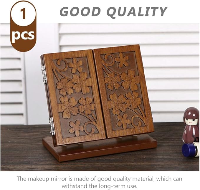 FOMIYES 1pc Wood Dressing Table Mirror Wooden Three Mirrors Indoor Desktop Make up Vanity Carved Standing Desk Makeup