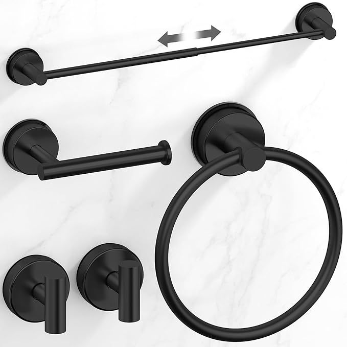 Matte Black Suction Cup Bathroom Accessories Set,Towel Racks for Bathroom,5 Piece Bathroom Hardware Set Restroom Accessories,Includes 24 inch Towel Bar,Towel Ring,Toilet Paper holder,Suction Cup Hooks