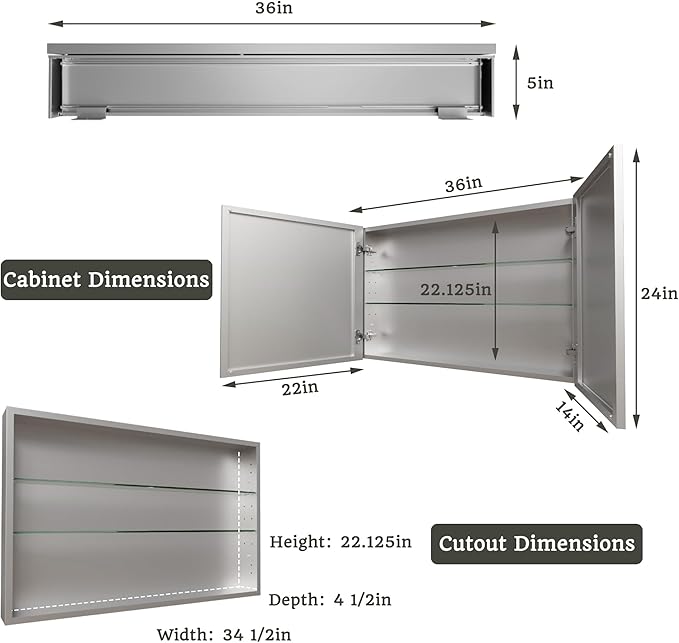 36x24 Bathroom Medicine Cabinet with Mirror,Aluminum Alloy Frame with Mirror Side Panels,Surface or Recessed Medicine Cabinet with Adjustable Shelves,Assembly Required