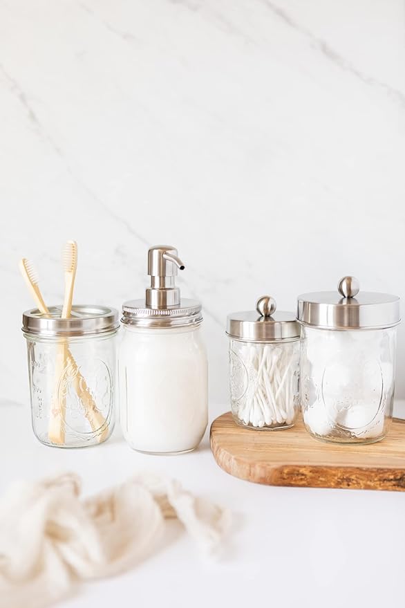 Jarmazing Products Ball Mason Jar Bathroom Gift Set (4 pcs) - Lotion/Soap Dispenser, Toothbrush Holder, Q-Tip Storage Jars - Farmhouse Home Decor for Vanity Organization - Stainless Steel