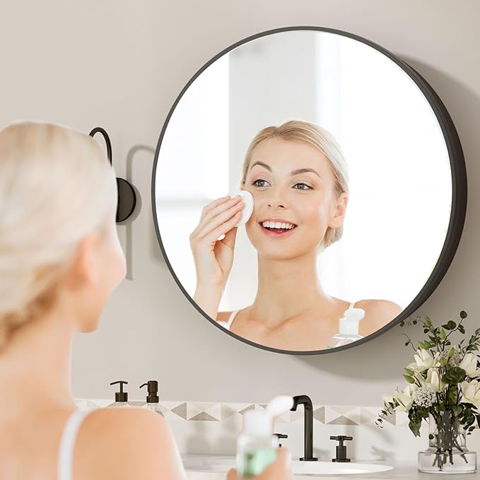 30 x 30 Inch Round Black Mirror Medicine Cabinet Surface Mounted, Circular Modern Bathroom Medicine Cabinet with Mirror, Metal Framed Medicine Cabinets with Tempered Glass Mirror