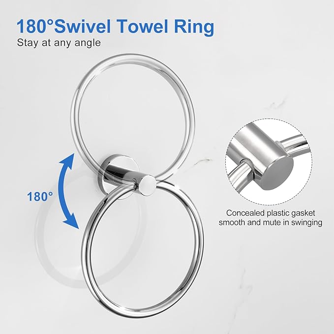 RUMOSE Polished Chrome Bath Towel Ring Heavy Duty Round Hand Towel Holder Hanger for Bathroom & Kitchen, Stainless Steel Drill Free with Glue or Wall Mounted with Screws