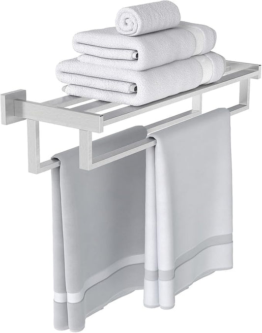 Double Towel Bar, 24 Inch Towel Racks for Bathroom Wall Mounted, Bathroom Towel Rack, Towel Rack with Shelf, Stainless Steel Hand Towel Hanger, Bath Towel Holder for Wall, Brushed Nickel