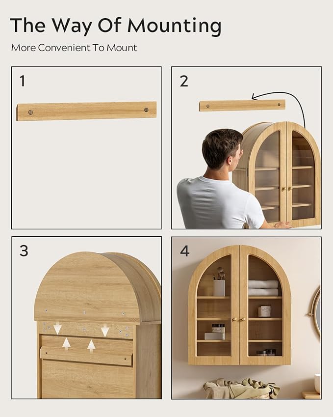 EYYTHUNG Modern Arched Wall Cabinet, Large Bathroom Medicine Wall Mounted Cupboard, Farmhouse Floating Storage Cabinet with Acrylic Door Adjustable Shelf, Wood Organizer (Natural Oak)