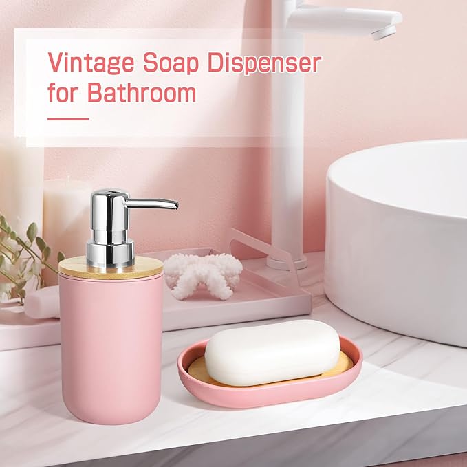 Pink Bathroom Accessories - 5 Pcs, Plastic Decor Set, Soap Dispenser, Toothbrush Holder, Soap Dish, Cotton Swab Jar, Boho Organizer