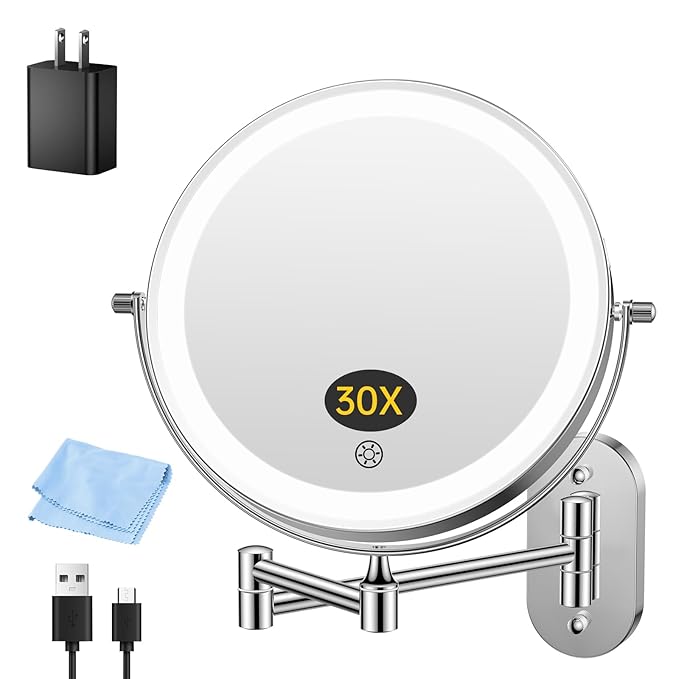 FUNTOUCH 5000mAh Rechargeable Wall Mounted Makeup Mirror with Lights,Double Sided 1X/30X Magnification,3 Color Lights,Touch Dimmable,Extended Arm 360 Rotation Lighted Bathroom Mirror