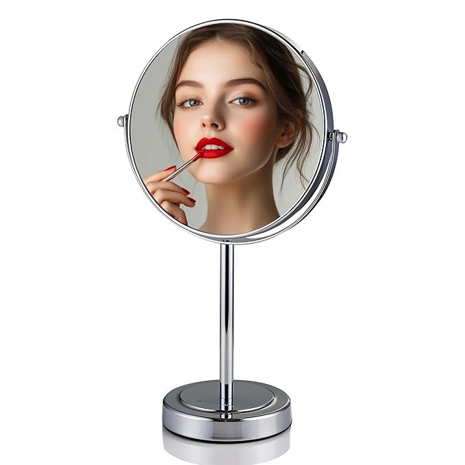 OVENTE 8" Tabletop Makeup Mirror with 1X/7X Magnification, 360° Swivel Design and Double-Sided Free-Standing Vanity Mirror Perfect for Bathroom, Bedroom, Office & Travel, Polished Chrome MNLMT80CH1X7X