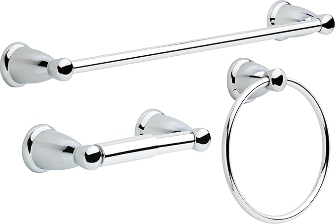 Franklin Brass Kinla 3-Piece Bathroom Set Polished Chrome 24" Towel Bar Racks, Toilet Paper Holder, Ring Hardware KIN3PC-PC