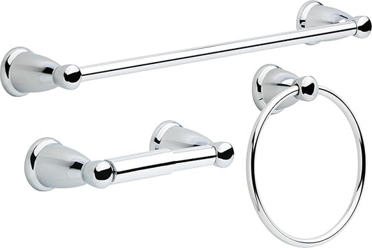Franklin Brass Kinla 3-Piece Bathroom Set Polished Chrome 24" Towel Bar Racks, Toilet Paper Holder, Ring Hardware KIN3PC-PC