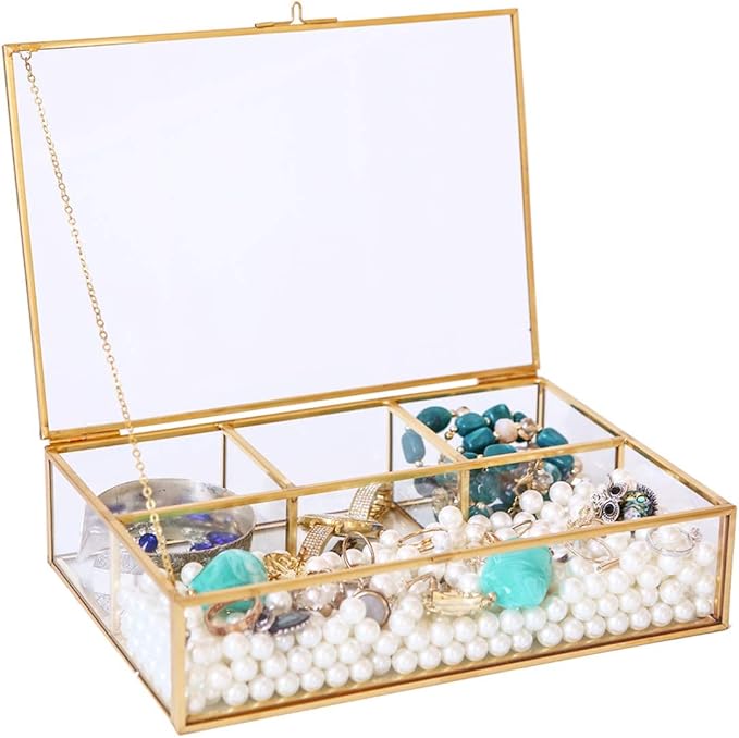 Vintage Glass & Brass Jewelry Box with 4 Compartments - Makeup Organizer, Cosmetic and Treasure Display Case, Elegant Storage Box for Vanity