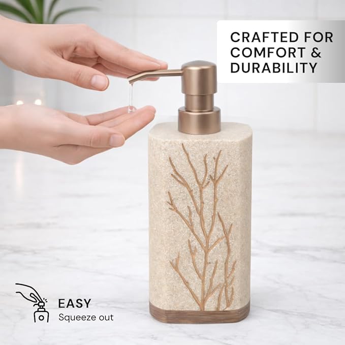 Decozen Bathroom Accessories 6Pcs Set, Soap Dispenser, Toothbrush Holders, Tumbler, Soap Dish & Cotton Swab Jar – Modern Bathroom Decor, Modern Farmhouse Decor, Countertop Accessories, Beige Brown