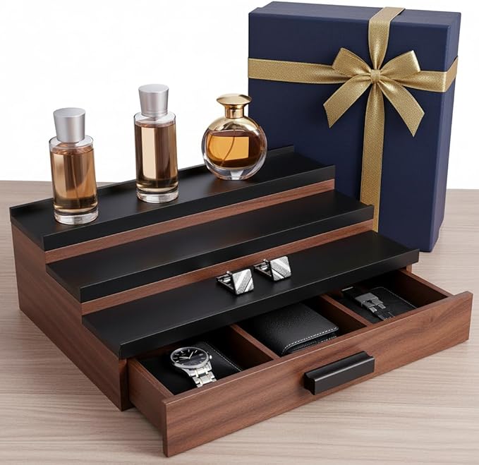 Cologne Organizer for Men – Black Wood Cologne Stand with Drawer & Storage, 3 Tier Perfume Display Holder for Bedroom, Office, Bathroom – Ideal Gift for Men, Father, Husband