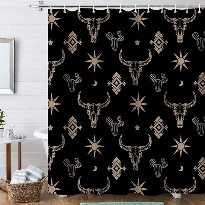 4Pcs Cow Skull Western Shower Curtains for Bathroom Decor Sets with Rugs, Sun and Cactus Farmhouse Shower Curtain for Bathroom, Black Gold Washable Fabric with 12 Hooks, Set de baño completo