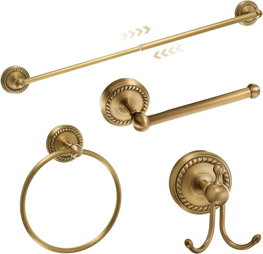 4 Pcs Antique Brass Gold Bathroom Accessories Set Wall-Mounted Adjustable Towel Rack & Round Towel Ring & Toilet Paper Holder & Robe Hook, Wall Mounted Brass Vintage Bath Hardware Set