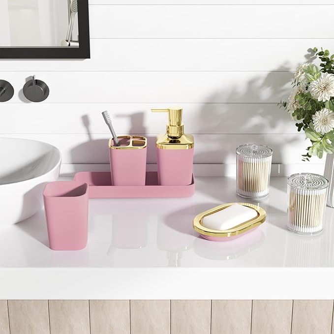 XLHOMO Bathroom Accessories Set - 25PC Bathroom Set with Shower Curtain and Rugs, Pink Bathroom Set, Bathroom Accessory Set with Press-on Lid Trash Can, Soap Dispenser and Qtip Holders