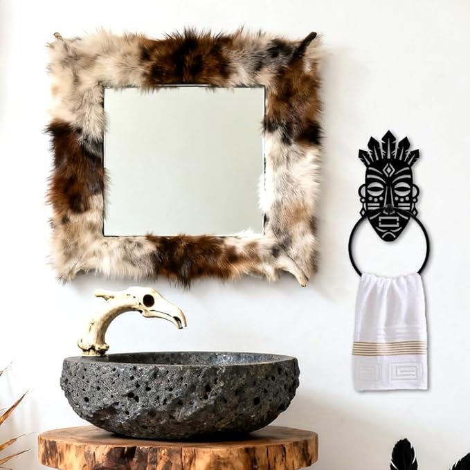 MAYJOYDIY Tribal Face Metal Towel Ring Round African Theme Hand Towel Holder Primitive Ring Hanger Wall Mount Black Vintage Towels Wall Organizer for Kitchen Bath Home Laundry Room Decors Gifts