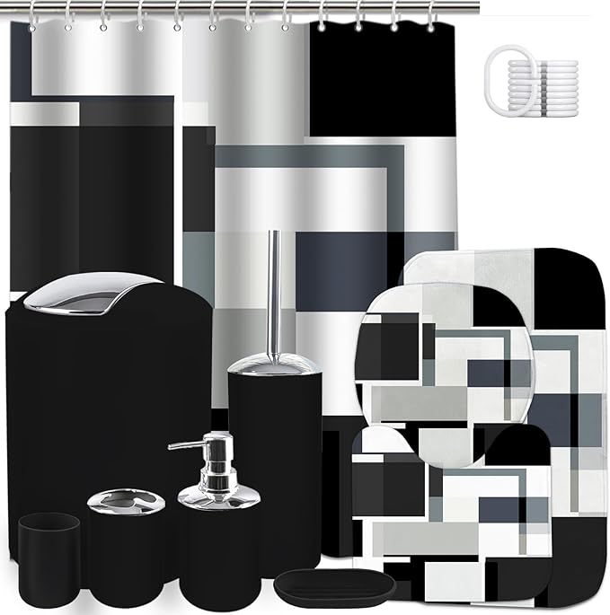 Lnond Black Bathroom Set, 23-Piece Black Geometric Bathroom Decor Set with with Shower Curtain and Rugs, Trash Can, Toilet Brush Holder Set & Soap Dispenser
