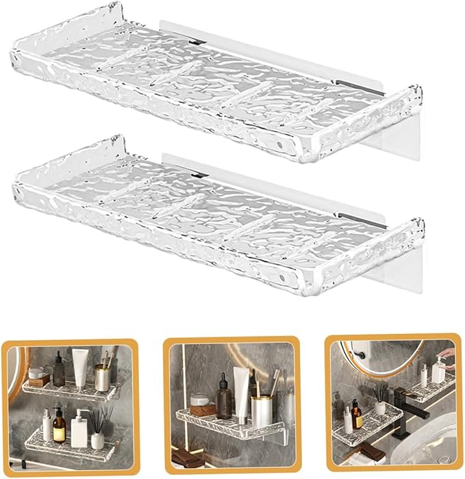 2pcs Floating Wall Shelf Bathroom Storage Rack Transparent Wave Pattern No-Drill Mount Organizer for Toothbrushes Cups Toothpaste Kitchen Bedroom