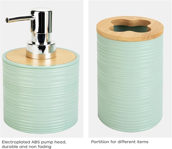 2 PCS Sage Green Bathroom Accessories Set, Soap Dispenser and Toothbrush Holder Set, Plastics & Bamboo Bathroom Set, Bohemian Style Bathroom Sink Set