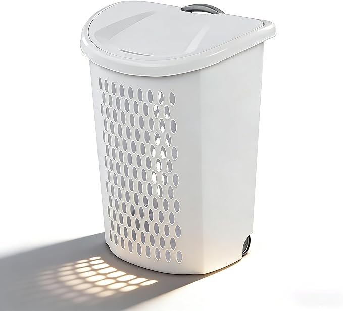 Basket Collection Lidded Wheeled Plastic Laundry Basket Adult-Sized with Handle - for Bedrooms, Dorm Rooms & Laundry Rooms, White
