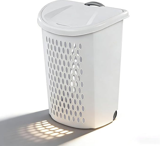 Basket Collection Lidded Wheeled Plastic Laundry Basket Adult-Sized with Handle - for Bedrooms, Dorm Rooms & Laundry Rooms, White