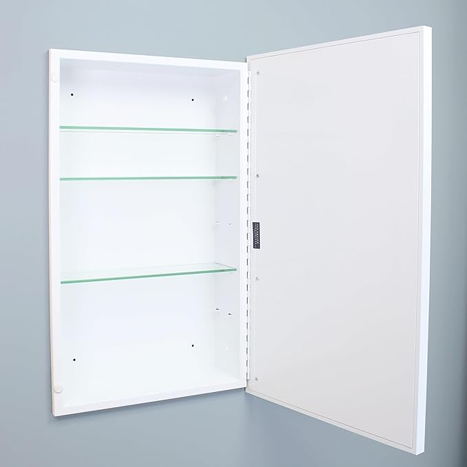 Fox Hollow Furnishings 16x26 Parker Metro Metal Framed Rectangle Recessed Bathroom Medicine Cabinet, Floating Mirror, 14x24 in-Wall Opening, Steel, Adjustable Glass Shelves, Magnet Close, White