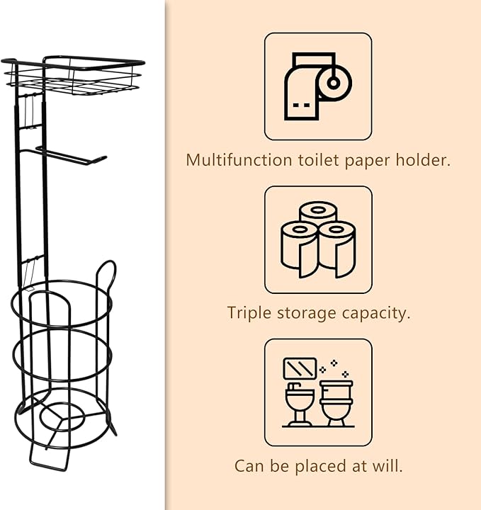 Toilet Paper Holder Stand Bathroom Toilet Paper Storage with Raised Base, Tissue Paper Roll Dispenser with Top Shelf (Black)