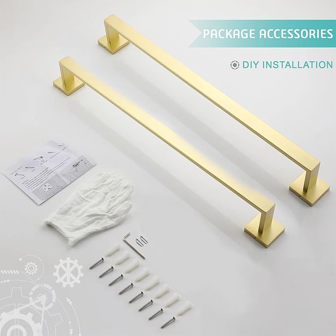 LANC 2-Pack Brushed Gold Bathroom Towel Bars 20-Inch Bath Square Towel Racks Kitchen Hand Towel Holders Total-22 Stainless Steel Wall Mount Shower Towel Hanger Rods,A8804-5BG