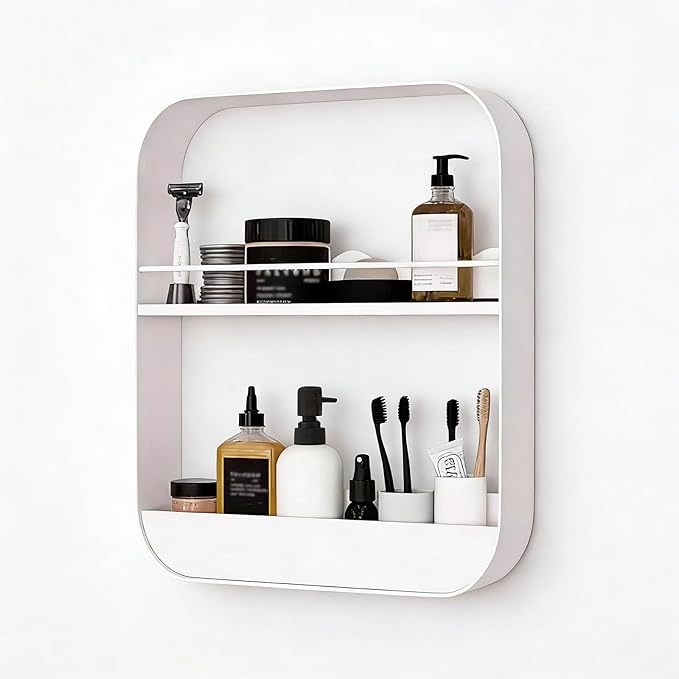 Wall Mount Organizer Floating Bathroom Shelves No Drill Adhesive Makeup Storage Rack Hang Decorative Over The Toilet Shelf(White,30x40cm)