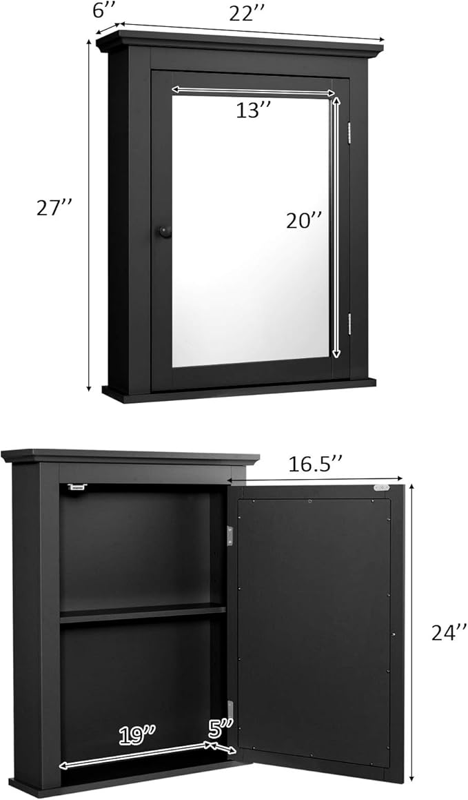 Tangkula Bathroom Cabinet with Mirror, Mirrored Wall-Mounted Storage Medicine Cabinet w/Single Door & Adjustable Shelf in 5 Positions, Multipurpose Wall Cabinet for Bathroom (Black)