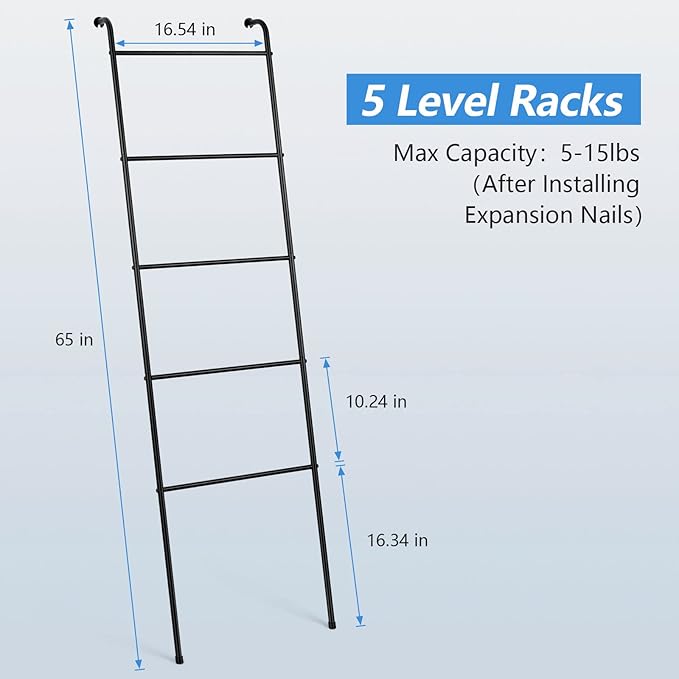 Blanket Ladder Bathroom Towel Holder Decorative Towel Rack 5 Tier Blanket Holder for Living Room Bathroom Laundry Room Black, 2 Pack
