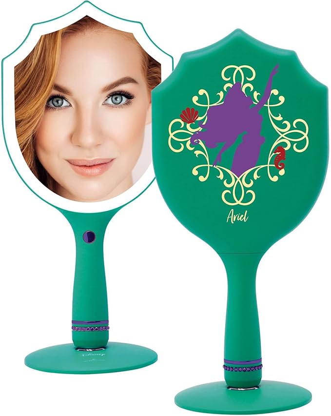 Impressions Vanity Handheld Lighted Makeup Mirror, Disney Princess Ariel LED Hand Mirror with Standing Base, Makeup Vanity Mirrors with Shimmering Button and 3 Color Modes for Travel or Bedroom