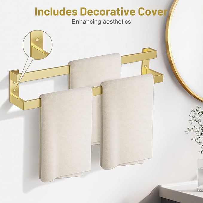 TNOMS Double Towel Bar,Towel Rack for Bathroom Stainless Steel Wall-Mounted Bathroom Hardware Brushed Gold 24 Inch Bathroom Accessories
