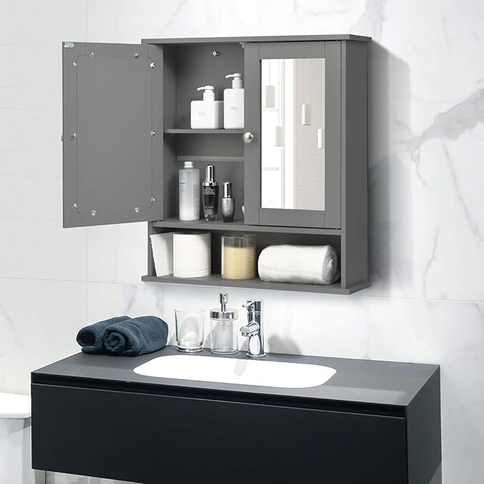 COSTWAY Bathroom Cabinet Wall Mount, Wooden Medicine Cabinet with 2 Mirror Doors, Adjustable Shelf, Open Compartment, for Laundry, Living Room, Kitchen, Gray