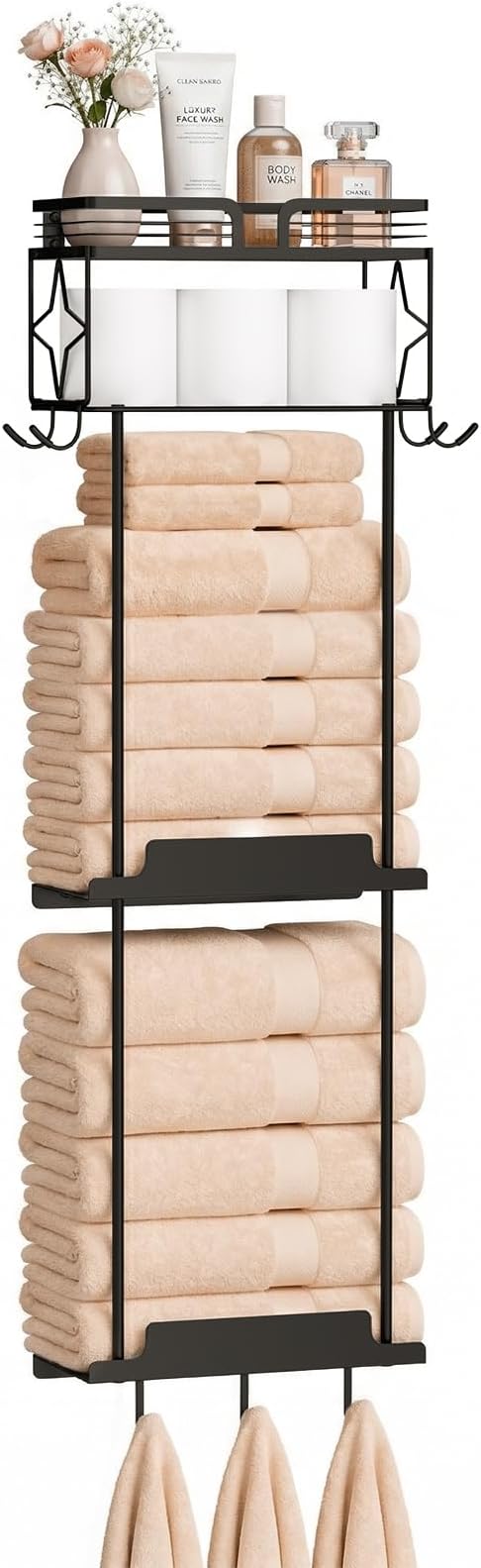 Towel Racks for Bathroom 39.9 Inch Wall Mounted Towel Rack with Shelf, Bathroom Towel Storage Holds 6 Large Rolled Towels, Metal Wall Towel Rack, Black