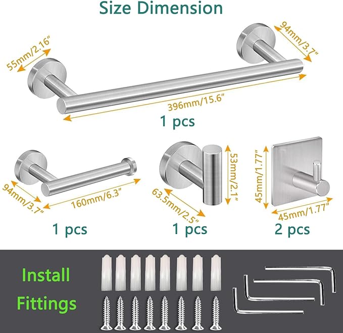 5-Pieces Bathroom Hardware Set, SUS304 Stainless Steel Towel Rack Set, 16" Hand Towel Rack, Toilet Paper Rack, 3 Bathrobe Towel Hooks, Bathroom Accessories, Towel Rack Set(Brushed Nickel)