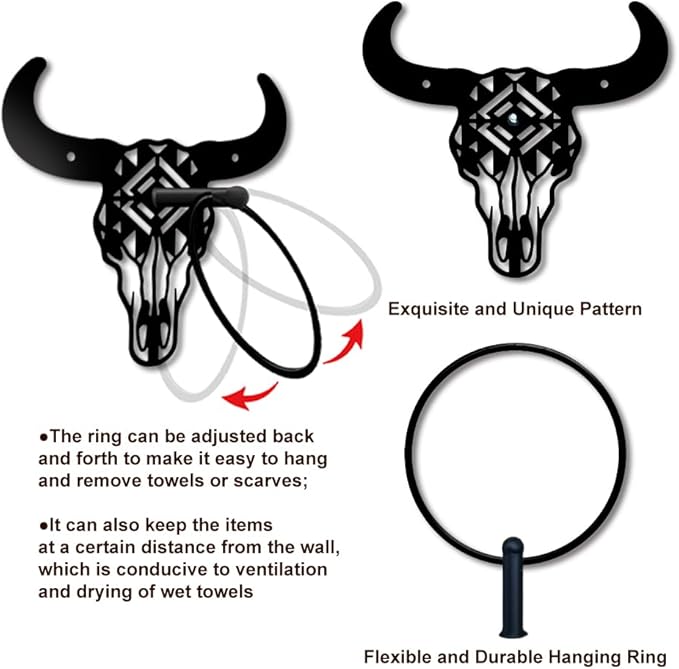 MAYJOYDIY Bull Skull Metal Towel Ring Western Cow Skull Towel Holder Country Western Style Wall Decor Towel Hanger Black Art Towel Rack Wall Mounted for Bathroom Kitchen Home Decors Gift