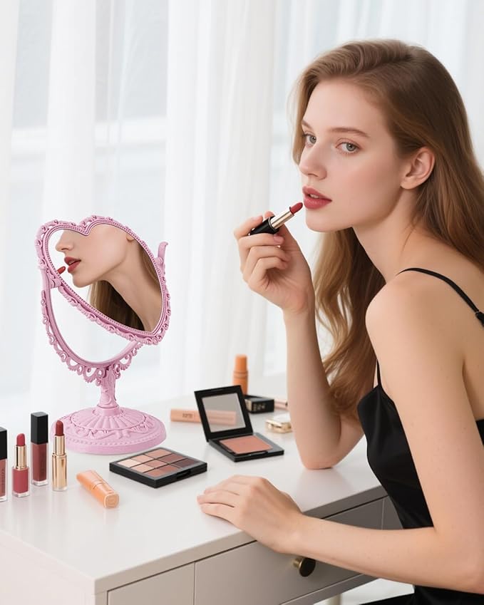 Heart Shaped Cute Vanity Princess Mirror for Desk,Double-Sided Rotatable Table with Stand Downtown Girl Room Coquette Decor (Pink)
