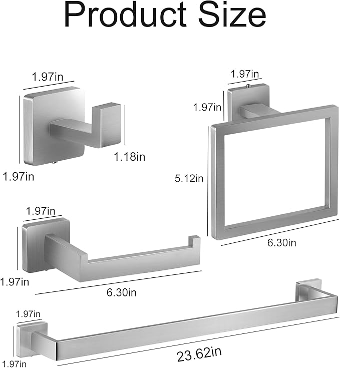 Brushed Nickel Bathroom Hardware Set 10 Pieces Includs 2pcs 24 inch Towel bar, 2pcs Towel Ring, 2pcs Toilet Paper Holder, 4pcs Towel Hook (Brushed-10PCS-24Inch)