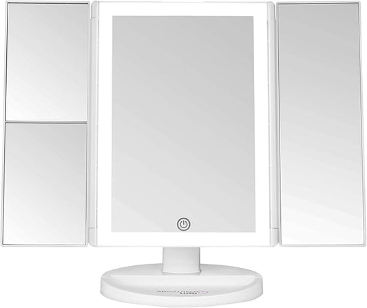 Luvly Trifold Vanity Mirror with LED Lights | Touch Screen Dimming - 1x 2X 3X Magnification - Portable Makeup Mirror