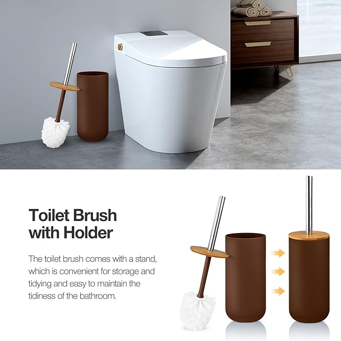 6 Pcs Bamboo and Plastic Bathroom Accessories Sets, Includes Toothbrush Cup, Toothbrush Holder, Soap Dispenser, Soap Dish, Toilet Brush with Holder, Trash Can, with 3 Pcs Toothbrushes (Brown)