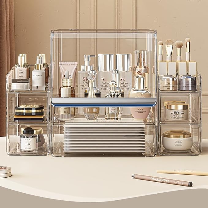 Makeup Organizer with Lid Drawers Translucent Skincare Holder Large Capacity Cosmetics Countertop Storage Box for Vanity Easy Visibility Dustproof (Silver Clear,Large + Brush Holder)