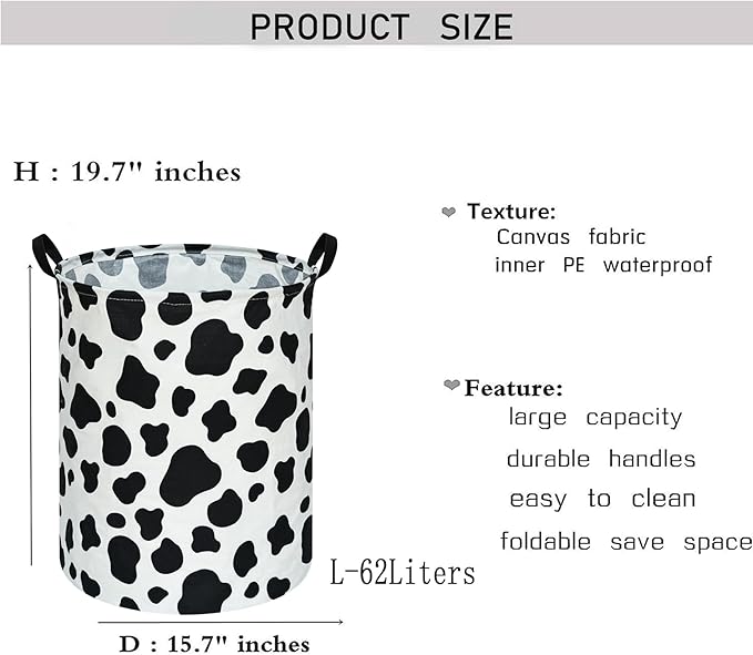 KUNRO Round Laundry Gift Basket Storage Hamper, Clothes Storage Organizer Bins, Shelf Basket with Handles for Room Decor (Rould Cow pattern)