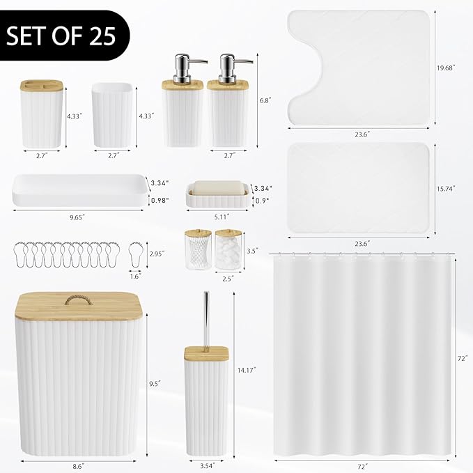 Bathroom Accessory Set - 25PC Bathroom Sets with Shower Curtain and Rugs, White Bathroom Set, Bathroom Accessories Set, Shower Curtain Sets with Rugs, Bathroom Trash Can & Soap Dispenser