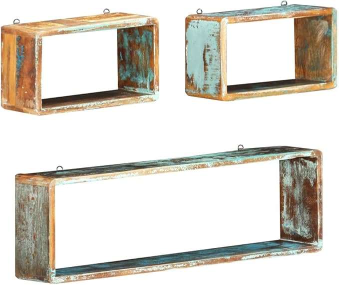 Set of 3 Wall Cube Shelves, Rustic Reclaimed Wood Floating Shelves for Wall Decor, Decorative Storage Display Boxes for Living Room, Bedroom, and Office, Brown