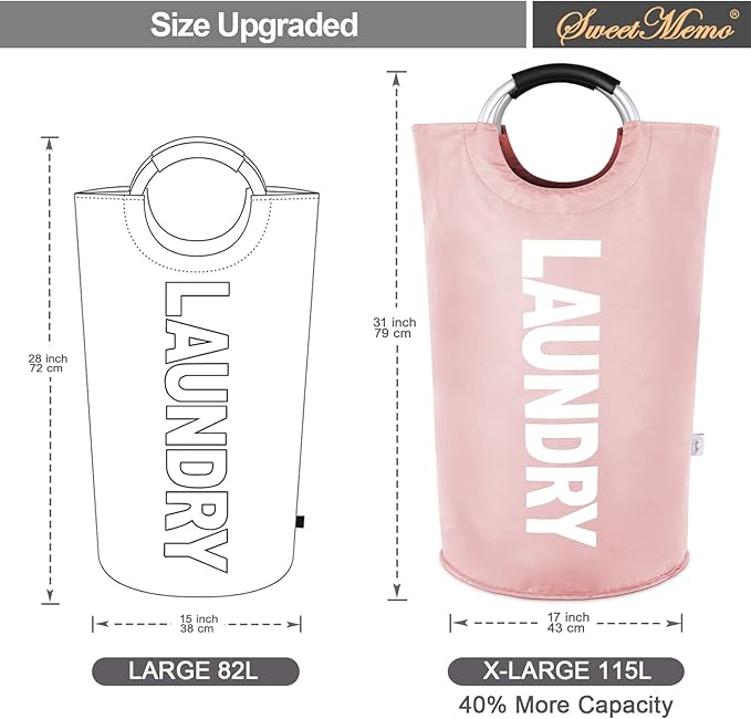 Large Laundry Basket Collapsible???Freestanding Clothes Hamper Bag with Handles ?€? Tall Folding Dirty Laundry Bin???Sturdy Laundry Sorter for College Dorm???Laundry Room ?€? 115L (Pink)
