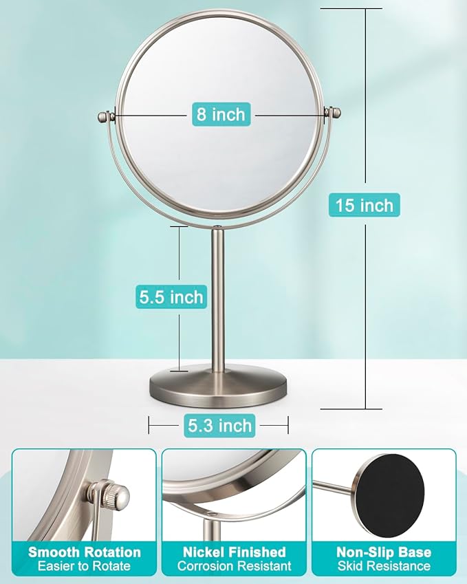 ALHAKIN 1X/15X Magnifying Makeup Mirror, Double Sided Mirror with Stand, Tabletop Desk Mirror 360°Rotation for Bathroom, Nickel
