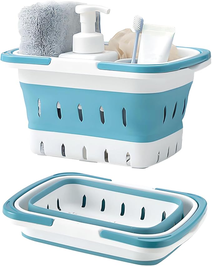 Fammart Portable Shower Caddy Tote – Collapsible Plastic Basket with Handles, Foldable Storage Organizer for Bathroom, Kitchen, College Dorm, Gym, Travel & Camping, Blue