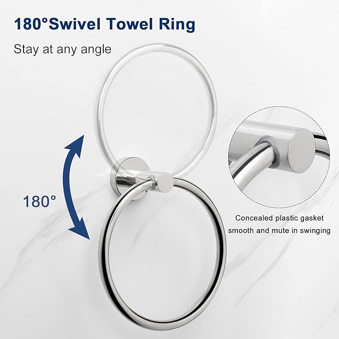NearMoon 3 Pieces Bathroom Hardware Set, Bath Towel Ring and 2 Towel Hooks- Stainless Steel Hand Towel Hanger and Robe Hooks Accessories, Wall Mounted (Chrome Finish)