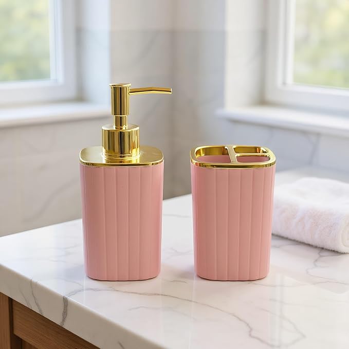 2Pack Bathroom Accessories Set, Pink Bathroom Set. Bathroom Toothbrush Holder Set, Includes Dispenser and Toothbrush Holder. Bohemian Bathroom Accessories